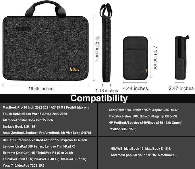 Laptop Case 15.6 Inch Briefcase Military-Grade Protection with Detachable Belt Bag, Compatible All Model of 15-16 Inch MacBook Pro and Most Popular 15.6 Inch Notebooks Chromebooks (Black)