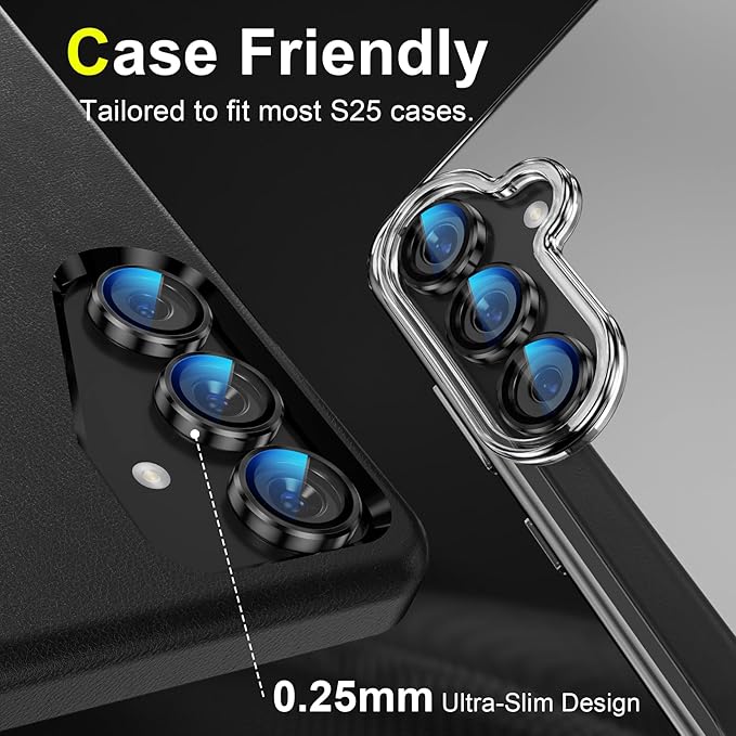 YWXTW Camera Lens Protector for Samsung Galaxy S25 Accessories [1:1 Fit & Ultra Clarity] 9H Tempered Glass Metal Individual Ring Camera Cover Screen Protector for S25, Case Friendly (Black)