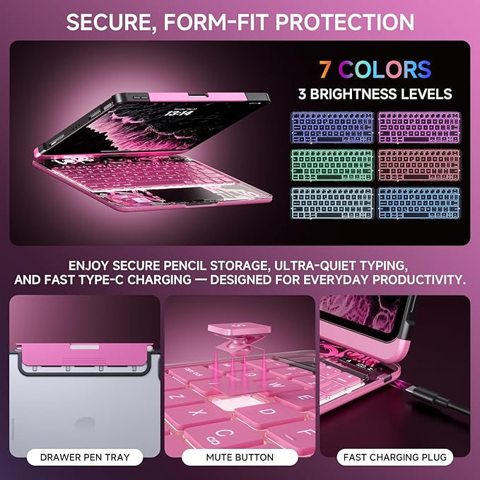 Transparent Case with Keyboard for iPad Air 13 Inch (M3/M2, 2025/2024), iPad Pro 12.9 Inch (6/5/4/3 Gen),7-Color Backlit,Magic Wireless Keyboard, 360°Rotating,with trackpad,Pencil Holder,Pink