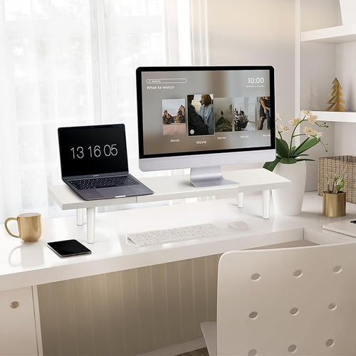 Across-Star Dual-Monitor-Stand-Riser-For-Desk Adjustable Length 32-40 Inch，Large Desktop Computer Monitor Riser For 2 Screens，Desk Shelf Organizer Riser Stand For Computer/Laptop/PC/Printer/TV Black