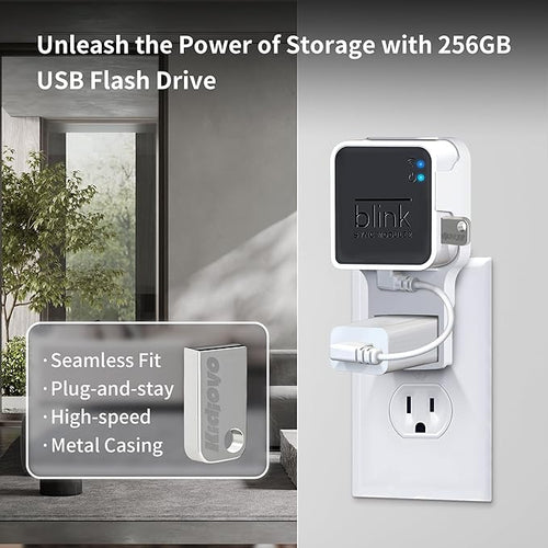 256GB USB Flash Drive & Outlet Wall Mount for Blink Sync Module 2 with Short Cable - Save Space - No Messy Wires - Easy Move Mount Bracket Holder for Blink Outdoor Indoor Security Camera (2 Pack)