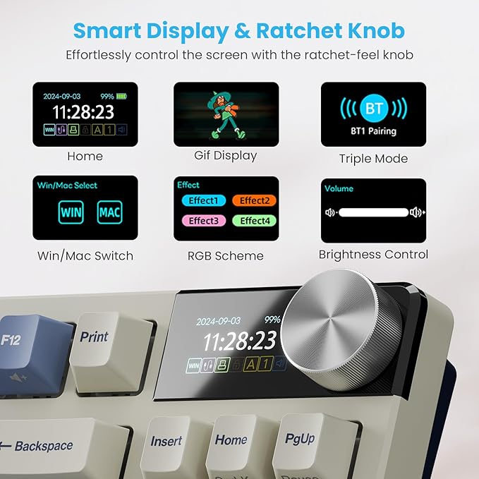 RK ROYAL KLUDGE S85 Wireless Mechanical Keyboard, 85% Wireless TKL Keyboard with Display & Ratchet Knob, Custom Linear Silent Switches, Triple-Mode, 7200mAh Battery, Hot Swappable