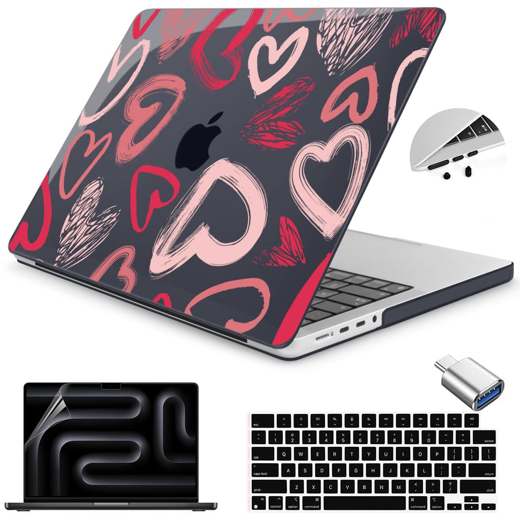 Teryeefi Design Case for M5 MacBook Pro 14 inch 2025 2024 2023 2021 Release M4 A3112 A3401 A3185 M3 A2918 A2992 M2 A2779 M1 A2442, Hard Shell Cover + Keyboard Cover for 14 inch MacBook Pro, Heart A002