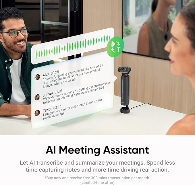 Insta360 Wave - AI Speakerphone, Bluetooth, Voice Recorder, 8 Noise-Canceling Mics w/Beamforming, AI Transcript & Summary, Support 99 Languages, 32GB Storage, Meetings, Podcasts, Livestreams
