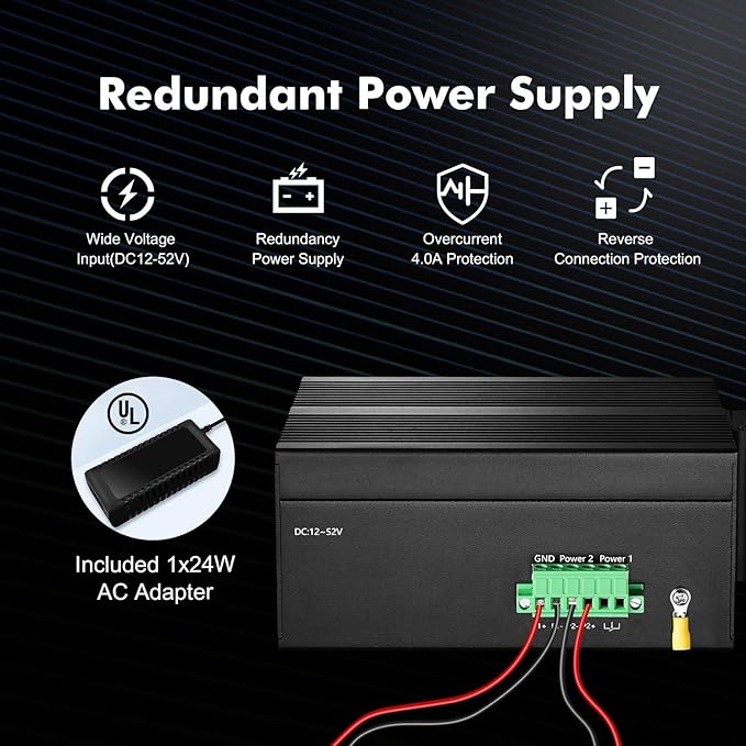 MokerLink 16 Port Gigabit Industrial DIN-Rail Ethernet Switch, 2 Gigabit SFP Ports, Unmanaged IP40 Network Switch (-40 to 185°F), with Power Supply
