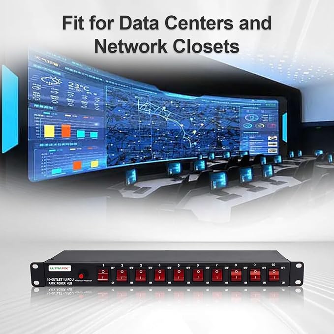 10-Outlet 1U Horizontal PDU Rack Mount Power Strip - Surge Protector,100-240V/15A/1800 Joules,for Network Servers,Power Conditioner with 10 Individual Switches and 6 ft Power Cord