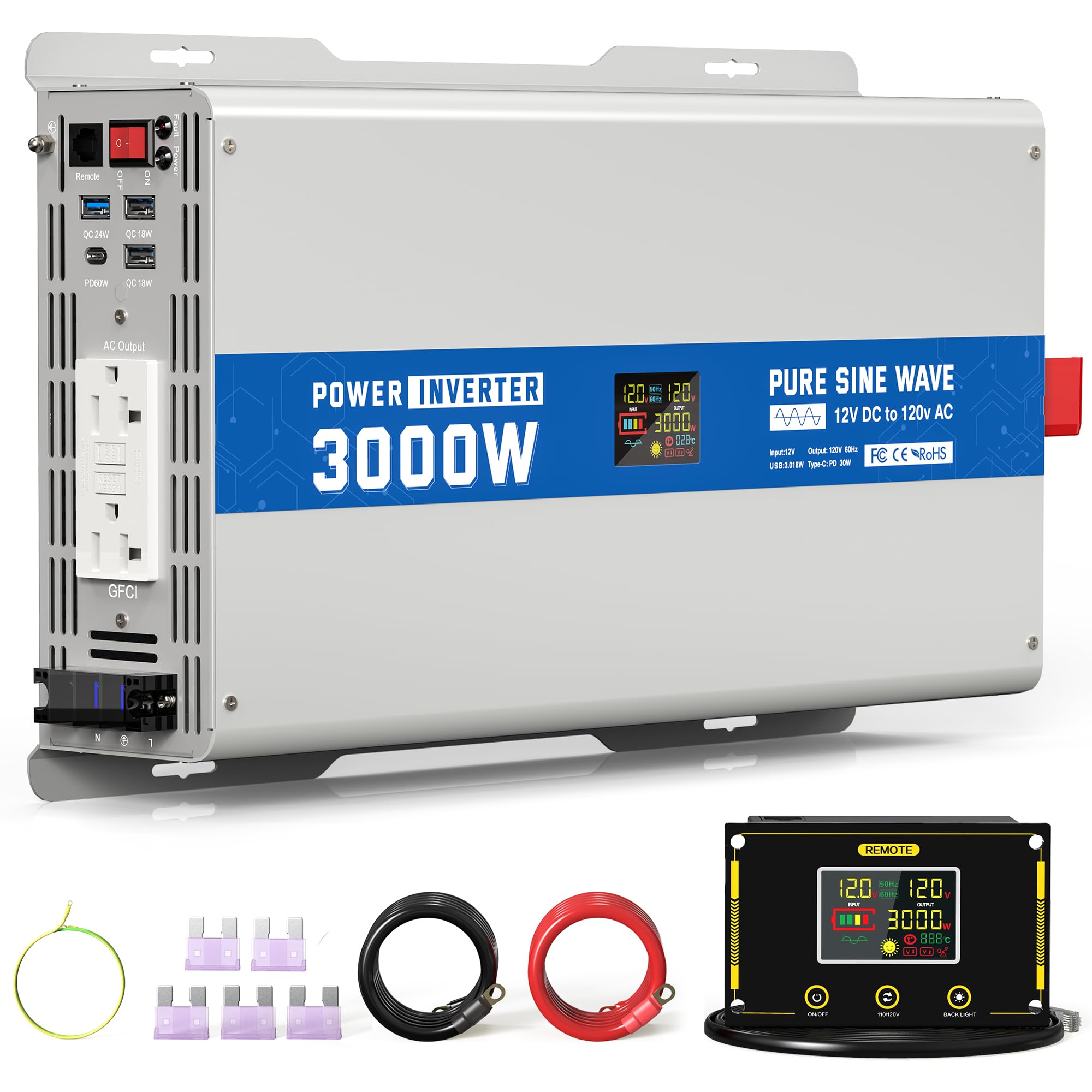 ASMONTRIC 3000W Pure Sine Wave Power Inverter 12V DC to 120V AC Converter 6000 Watt Peak Power Multi-Display Screen with 2 GFCI Outlet 30W USB and 18W Type-C for Car RV Truck Boat Off-Grid, Gray Blue