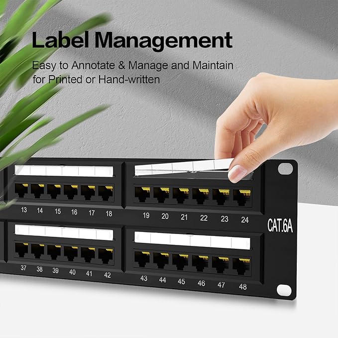 Patch Panel 48 Port Cat6A 【EC Listed】 2U Network Patch Panel Rackmount 19 inch RJ45 Patch Panel for 10 Gigabit Network, 110 or Krone Impact Tools Compatible Without Cable Management (Cat6A)