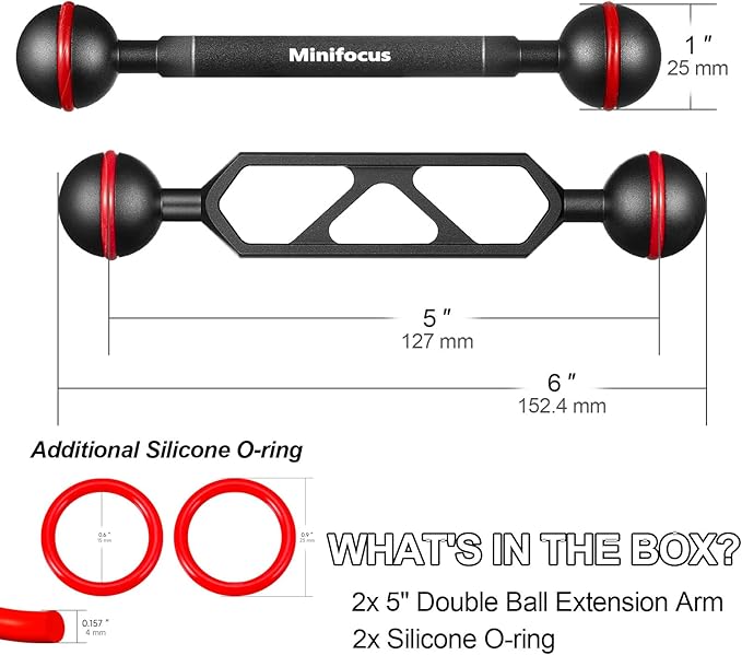 MINIFOCUS 5" Double Ball Aluminum Extension Arm, 1" Ball Head Connector Underwater CNC Arm System Ball Head Extension for Strobe/Video Light/Diving Camera Tray, Waterproof and Rustproof (2pack)