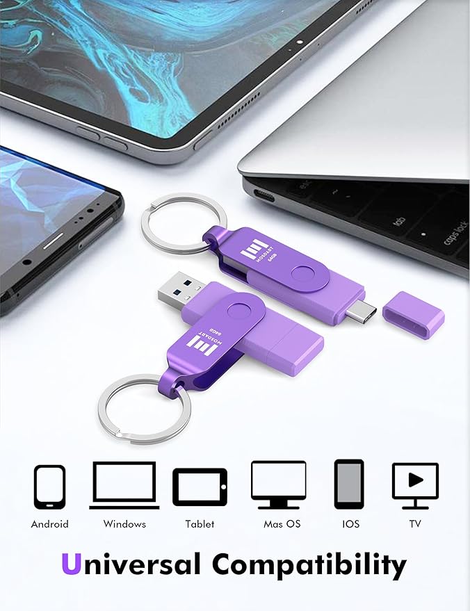 MOSDART 64GB USB3.1 Fast Speed C and A Dual Flash Drive, exFAT Memory Stick with Keychain and LED Indicator, for iPhone 15 and 16, Android Phone, iPad, MacBook, and Other Laptops, Purple