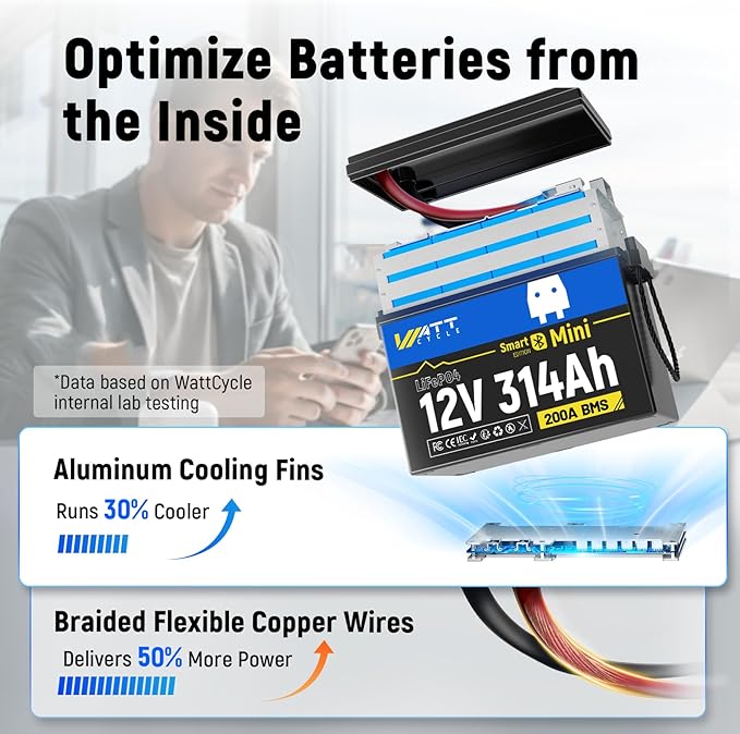 Mini LiFePO4 Lithium Battery 12V 314Ah 2 Pack Built-in 200A BMS & Bluetooth, 4.01kWh Energy, Perfect for Off-Grid, RV, Solar System, Camper, Travel Trailer