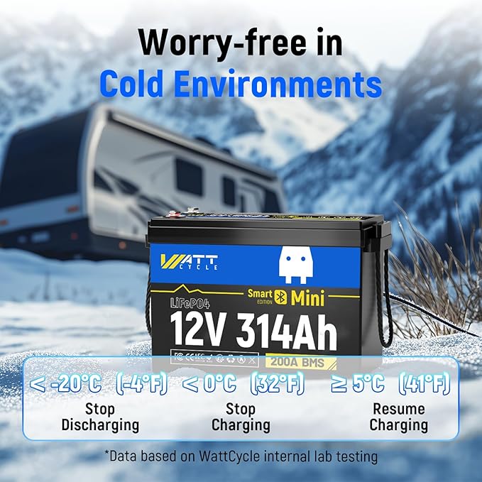 12V 314Ah Lithium LiFePO4 Battery Mini with Bluetooth 5.0 BMS 200A, 4.01kWh Energy, Upgraded Aluminum Cooling Fins & Braided Copper Wires, upporting devices over 2000W (1 PCAK)