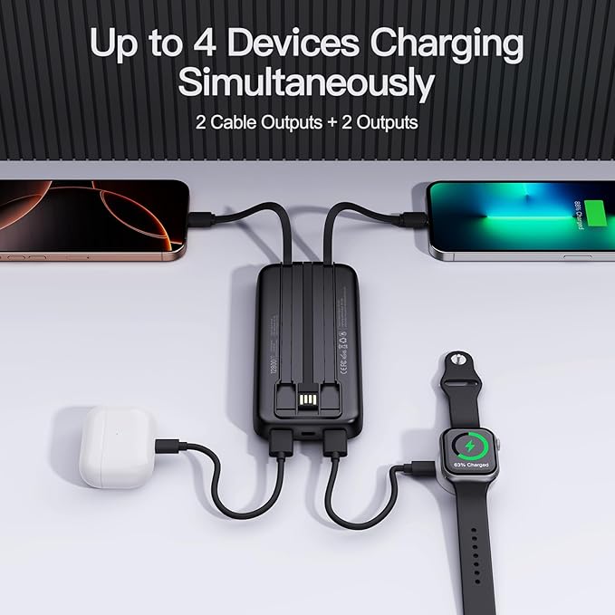 2025 Portable Charger(2pack in 1box) with Built in Cables, 12800mAh Travel Essential Battery Pack, 4 Outputs 2 Inputs Slim Power Bank with Cord Wires Compatible with iPhone,Samsung,Android
