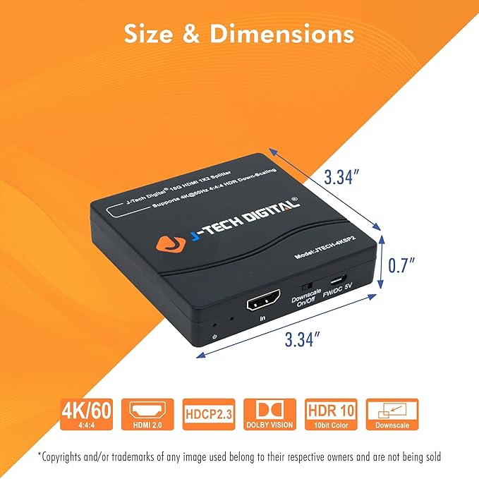 J-Tech Digital HDMI Splitter 1 in 2 Out 4K 60Hz Multi-Resolution Output (MRO) HDMI 2.0 Splitter Supports Downscale HDR HDR10 / Dolby Vision 4K@60Hz 4:4:4 HDCP2.3 2.2 (JTECH-4KSP2)