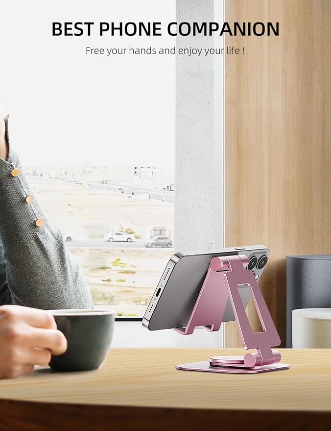 Nulaxy Rotatable Cell Phone Stand, Fully Adjustable Foldable Desktop Phone Holder Cradle Dock, Thick Case Friendly, Compatible with All Phones, Nintendo Switch, Rose Gold