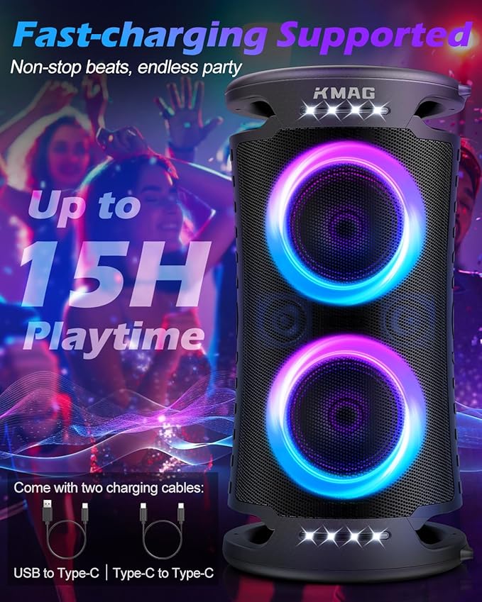 Large Bluetooth Speaker, 260W Peak Powerful Loud Sound with Deep Bass, Portable Outdoor Speaker Wireless, 15Hr Playtime, Fast Charge, TWS, Cool Lights for Party, Camping, Beach, Backyard, Home, Work