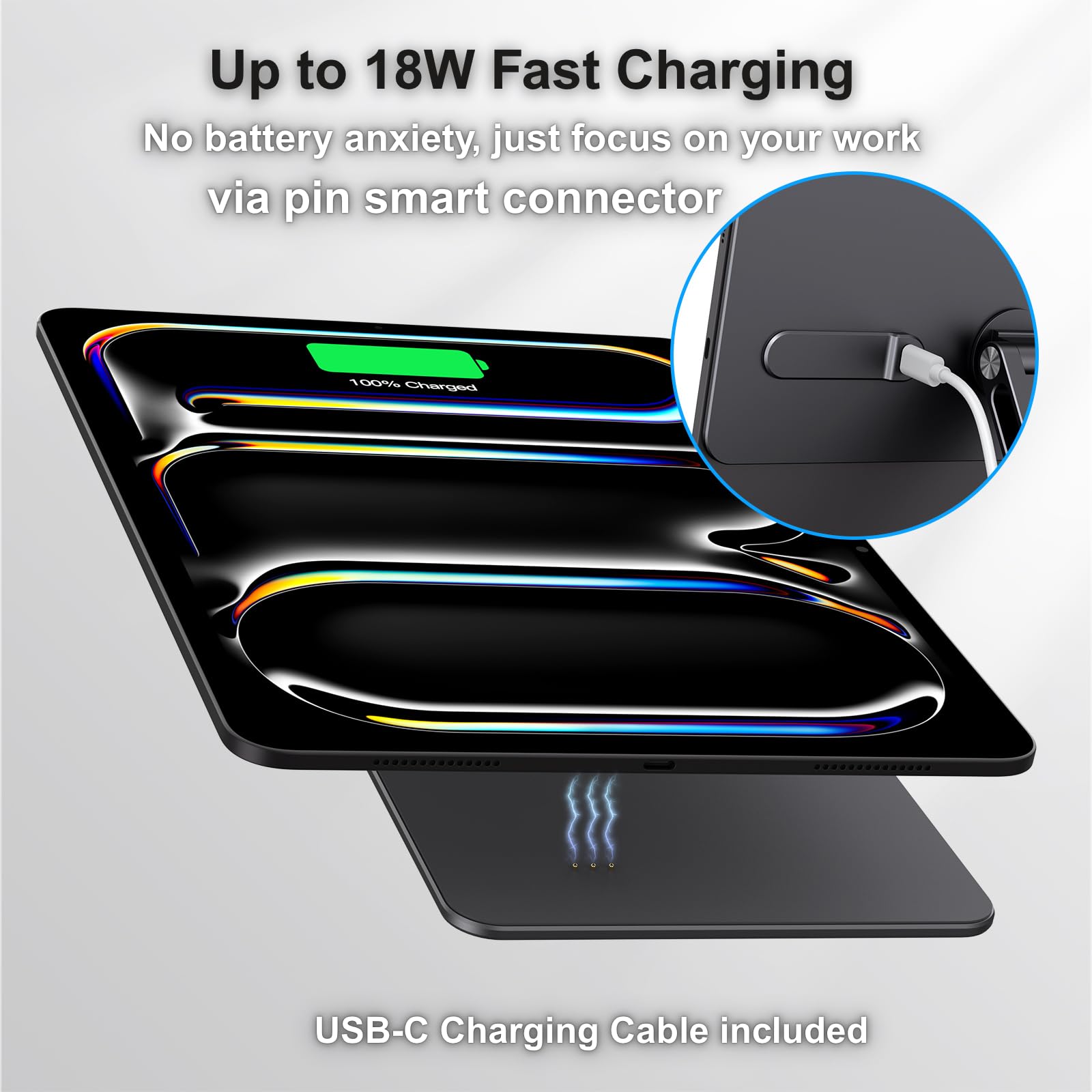 GEWOKLIY Magnetic iPad Pro M4&M5 11-inch Stand with Wireless Charging 18W, 360° Rotating Aluminum Tablet Holder for iPad Pro M4/M5 11-inch, Adjustable Desk Mount Series (M4/M5-11inch)
