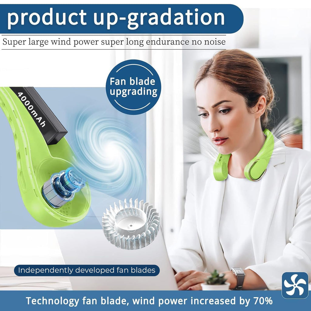 ASNUG Portable Neck Fan, Bladeless Neck Fan, USB Rechargeable Personal Fan, 4000 mAh Battery Operated Wearable Fan, 3 Speeds Adjustable,Faster Cooling, Ultra Quiet, Suitable for Home, Office, Sports