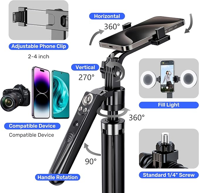 Auto Face Tracking Selfie Stick Tripod for iPhone with Light,360 Rotation That Follows Your Movement,70" Phone Camera Tripod Stand with Remote for Content Creator Vlog Live Stream Video Recording