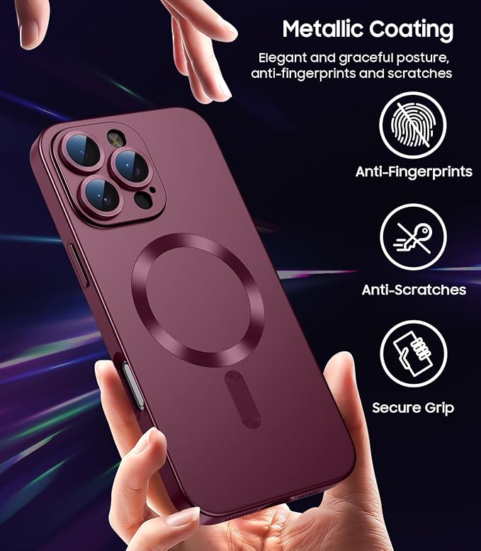 Magnetic for iPhone 16 Pro Max Case [Compatible with MagSafe][Built-in Camera Lens Protector] Slim Soft Silicone Bumper Shockproof Metallic Luster Phone Case (Burgundy)