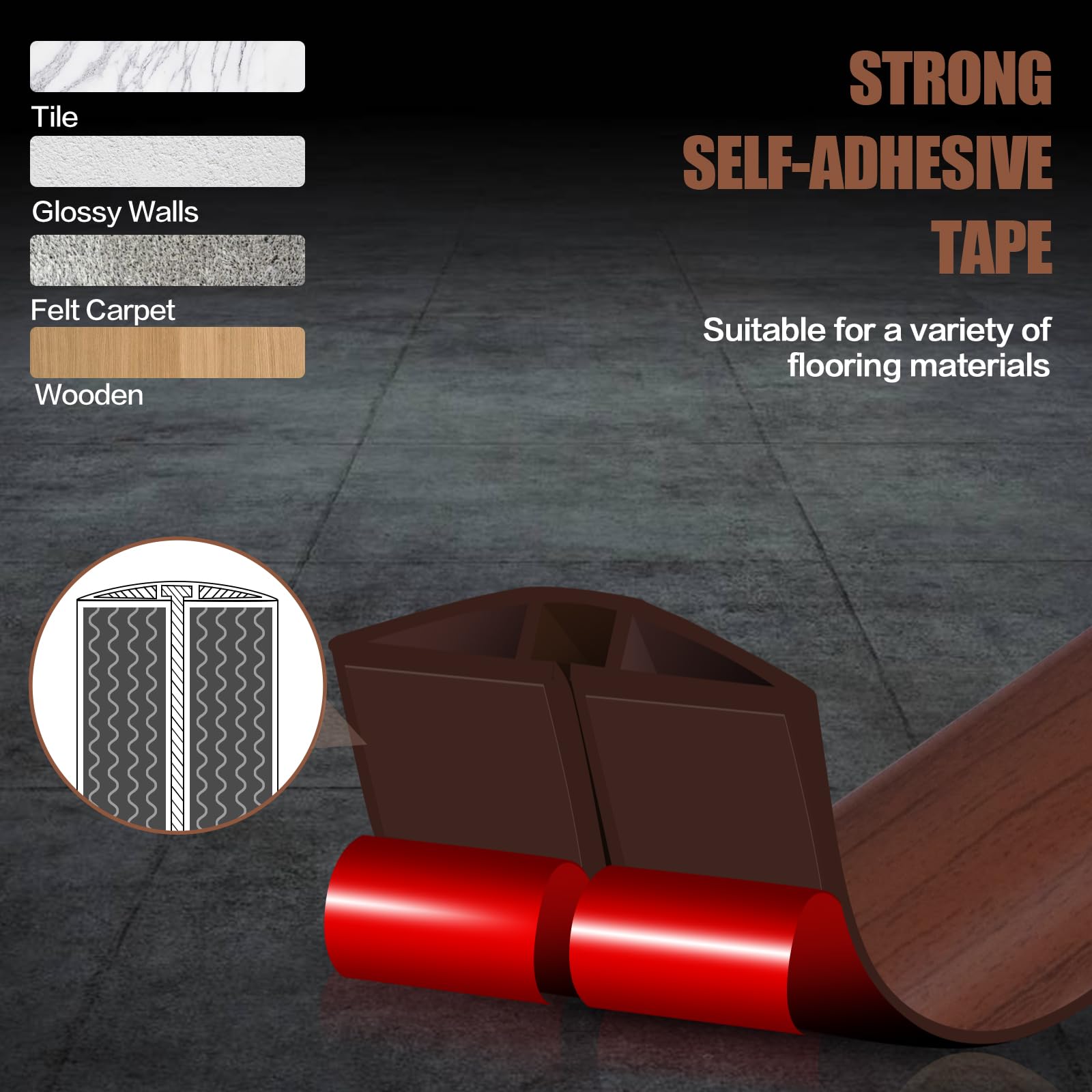 Floor Cord Cover Cavity 0.8"x0.37" Self Adhesive Cord Hider, 10FT Low Profile Cable Management, Extension Strip Protector for Wires, Prevent Cable Trips for Offices, Gyms, Exhibitions（Red Teak）