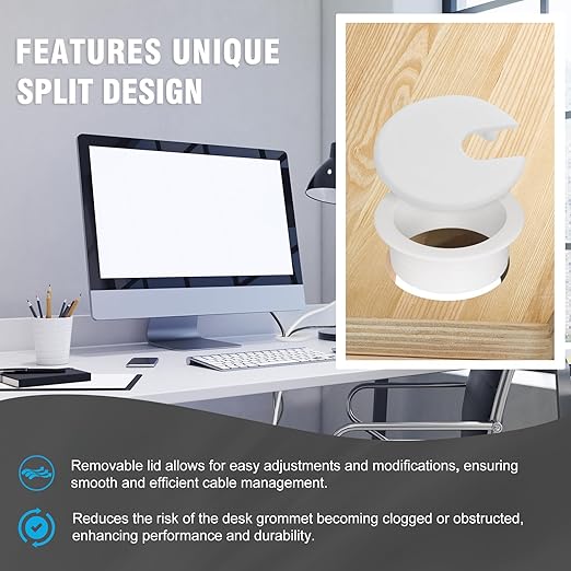 1-1/2" White Desk Grommet, JTemgle Plastic Cable Hole Cover Computer Table Cord Wire Organizer Caps Desktop Cord Management for Home Office TV Stands Tabletops, 2 Pieces