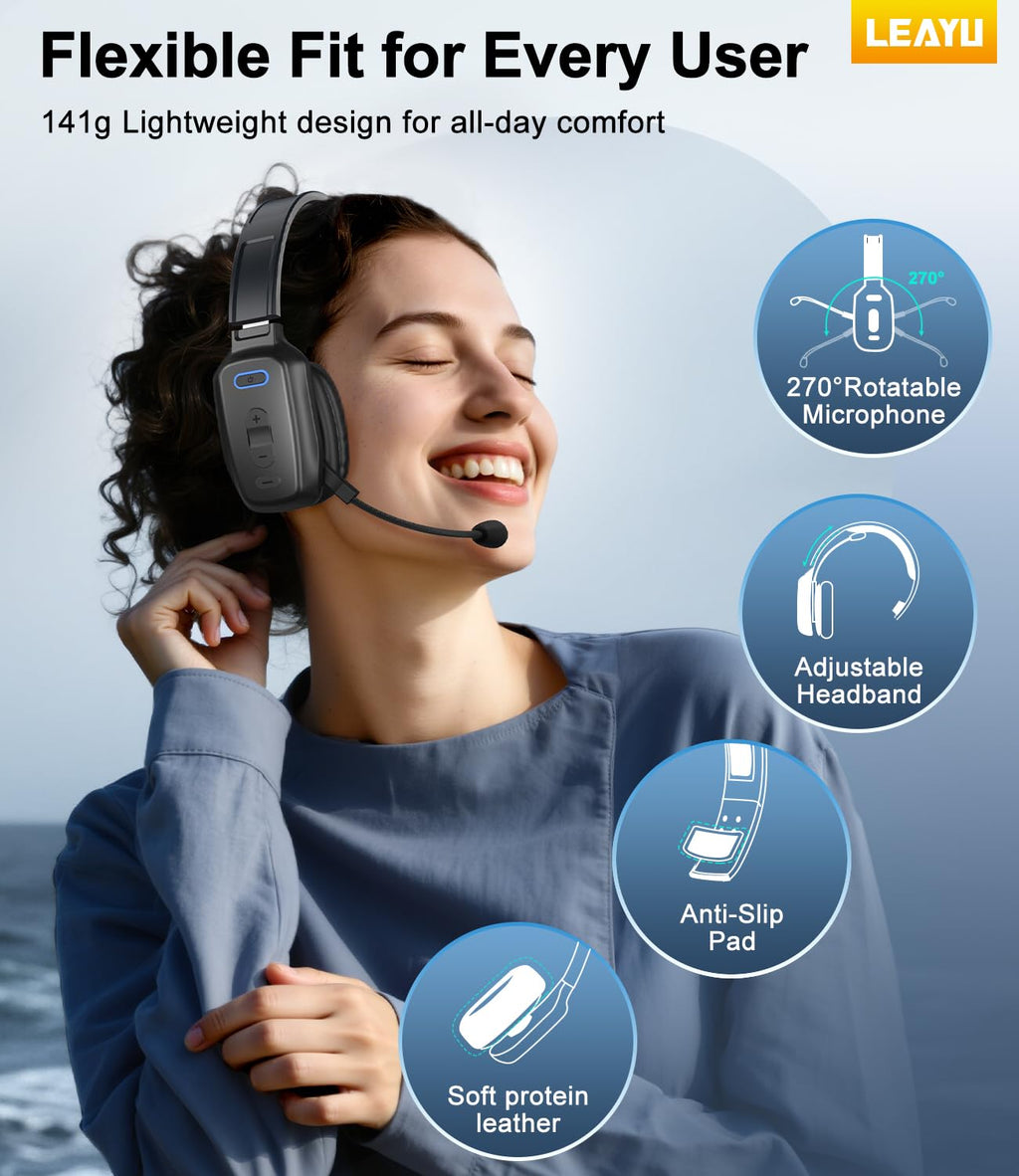 Trucker Bluetooth Headset, 60-Hour AI Noise-Canceling Mic for Driving