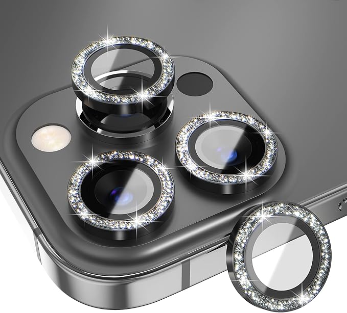 Choiche [3+1 for iPhone 13 Pro/iPhone 13 Pro Max Camera Lens Protector Bling, 9H Tempered Glass Camera Cover Screen Protector Metal Ring Decoration Accessories (Glitter-Graphite)