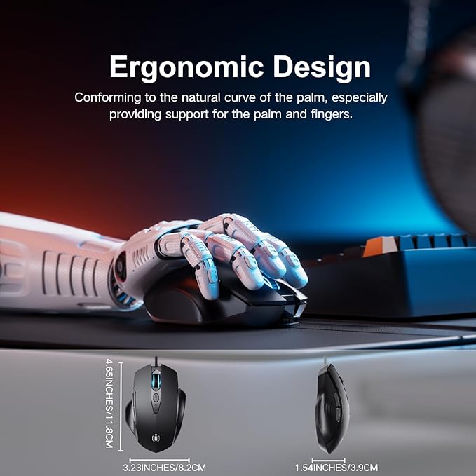 Wired Mouse, USB Mouse Wired with 6 Buttons Ergonomic Design,1.5M USB Cable Computer mice 7200DPI Optical Mice for PC Laptop, Matte Black