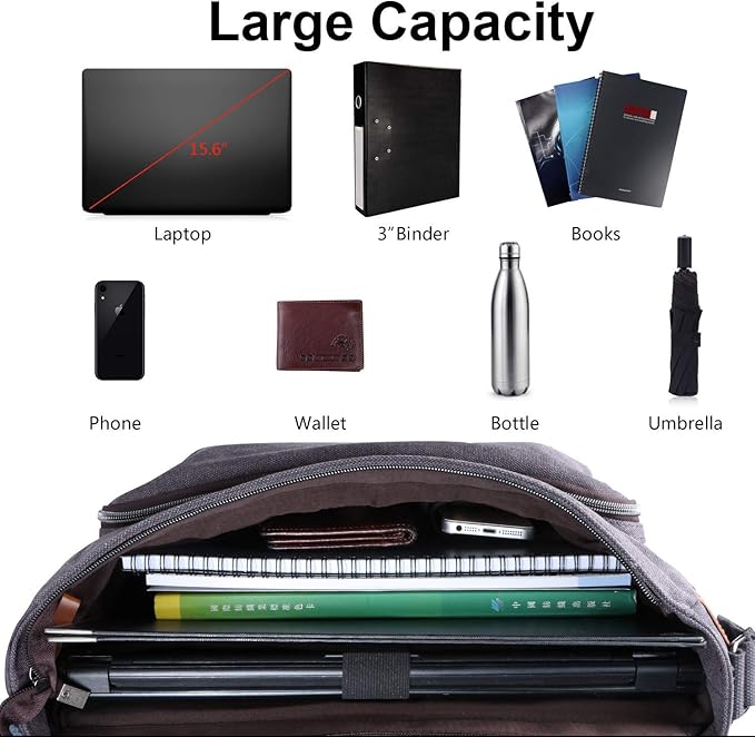 ESTARER Computer Messenger bag Water-resistant Canvas Shoulder Bag 15.6 Inch Laptop for Travel Work, Grey