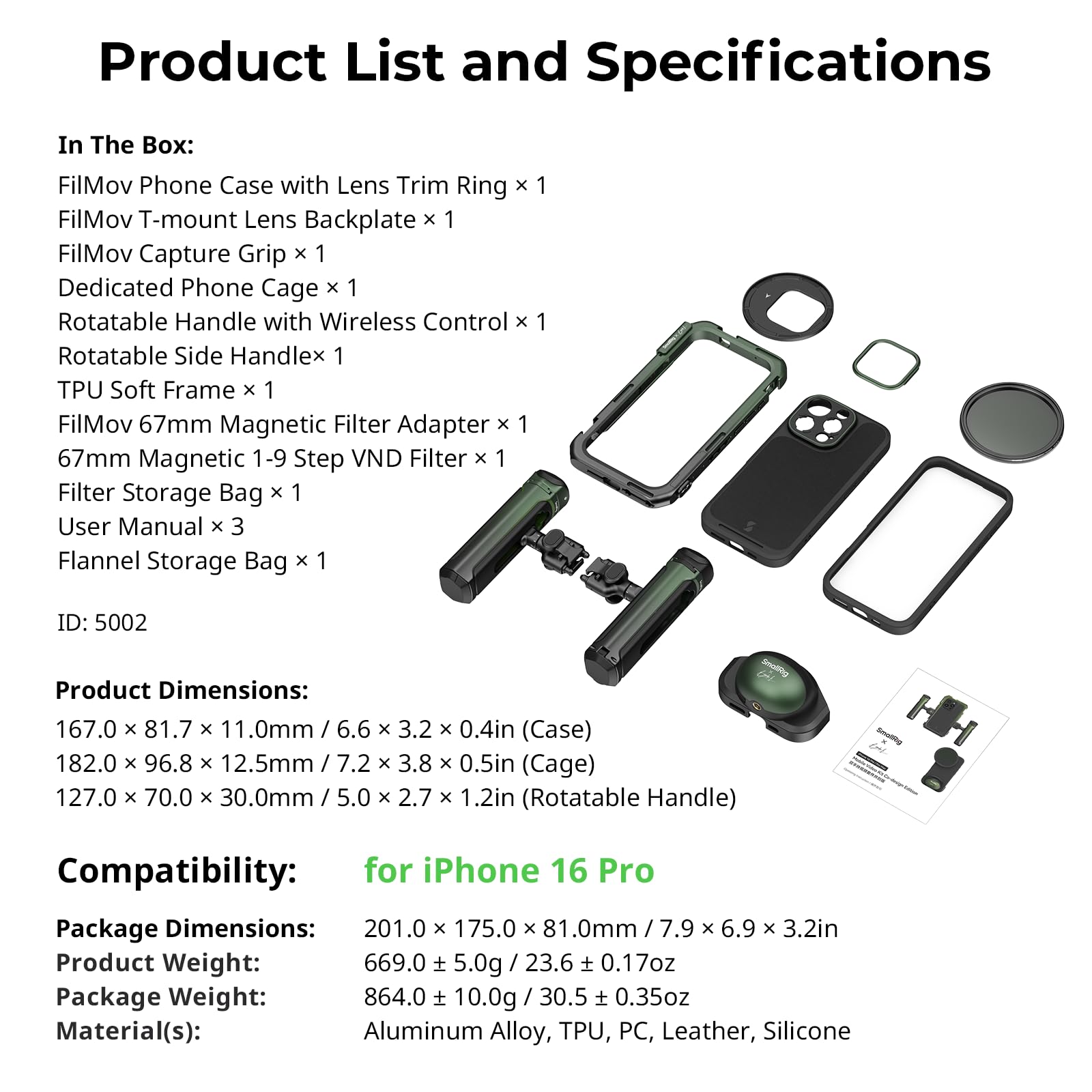 SMALLRIG x Brandon Li Mobile Video Kit for iPhone 16 Pro, Phone Cage with Lightweight Case, Rotatable Wireless QR Handles, 67MM Magnetic VND Filter Kit, Support for MagSafe - 5002