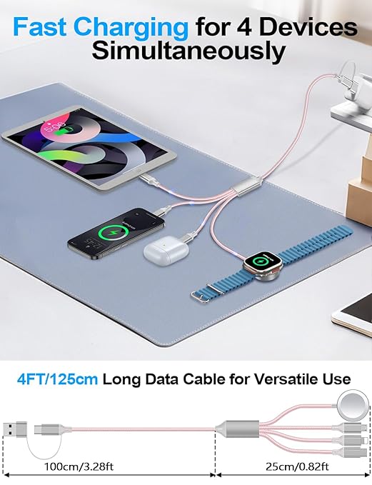 4-in-2 Charging Cable for Apple Watch Charger/Samsung/iPhone Charger,Car/Office/Camping/Travel Essentials,Type C Cable Multi Cord for iWatch Ultra/10-2/iPhone 16-11/Samsung S25-S20,iPad,airPods-Pink