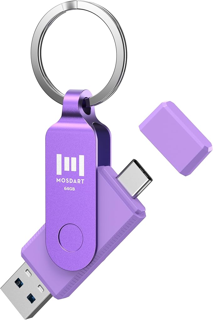MOSDART 64GB USB3.1 Fast Speed C and A Dual Flash Drive, exFAT Memory Stick with Keychain and LED Indicator, for iPhone 15 and 16, Android Phone, iPad, MacBook, and Other Laptops, Purple