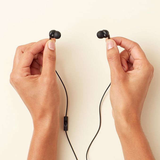 Amazon Basics Wired Earbuds with Microphone, In Ear Headphones, 3.5mm Jack, 4.2 ft long cable, S/M/L Ear Tips, Black