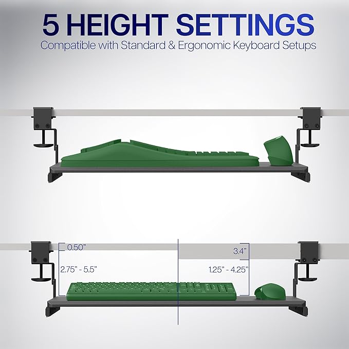 VIVO Large Height Adjustable Under Desk Keyboard Tray, C-clamp Mount System, 27 (33 Including Clamps) x 11 inch Slide-Out Platform Computer Drawer for Typing, Dark Walnut, MOUNT-KB05HD