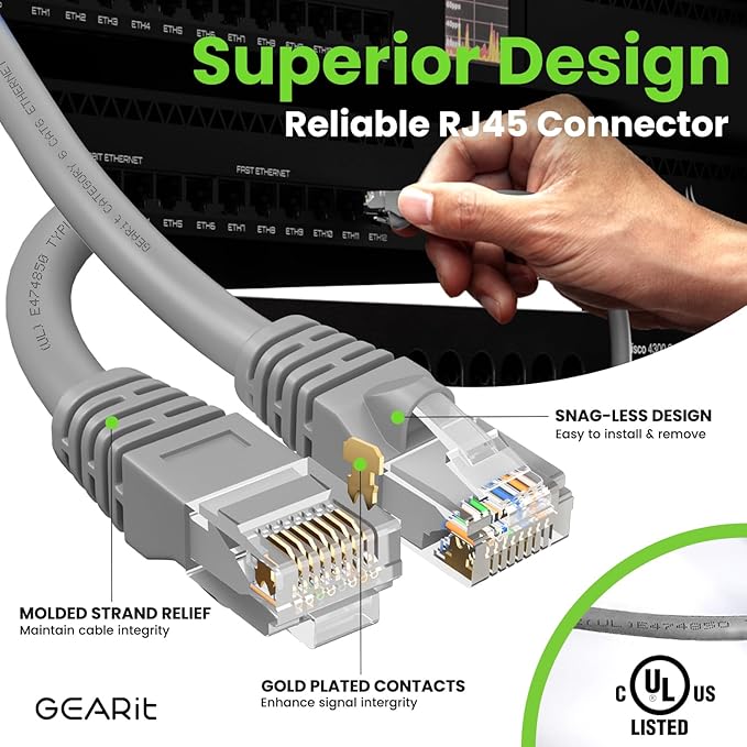 GEARit Cat 6 Ethernet Cable (1-Pack 20 Feet) Cat6 Network Patch, 10Gbps, RJ45, Snagless Cord, Gold-Plated Connectors, Internet for PC, TV, Tablet, Router, Printer, Servers, IT Data Center - Gray