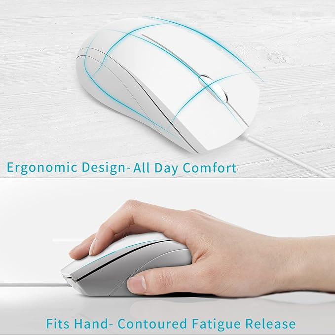 Rapoo N1600 3-Button Quiet Wired Mouse, 1000DPI Optical Mouse, Quiet Button, Ergonomic Shape, for Desktop Computers Laptops, Matte White