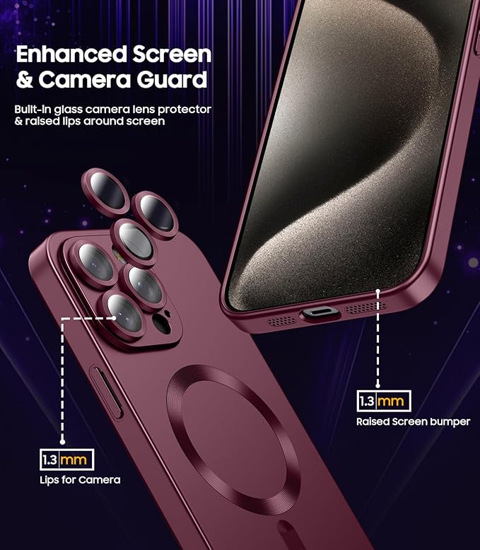 Magnetic for iPhone 15 Pro Case [Compatible with MagSafe][Built-in Camera Lens Protector] Slim Soft Silicone Bumper Shockproof Metallic Shine Phone Case (Burgundy)