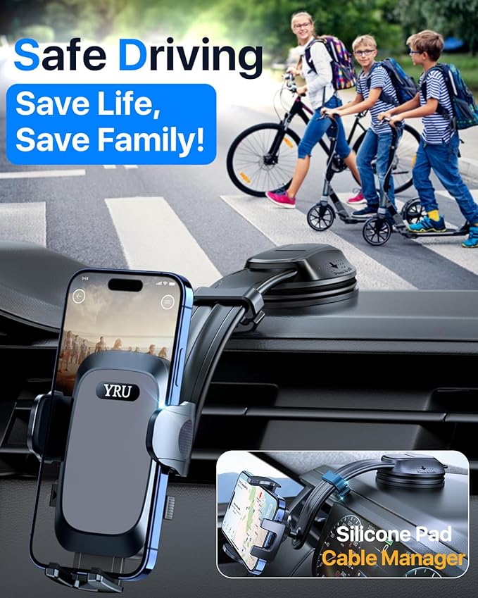 YRU [2025 Ultimate Car Phone Holder Mount [Bendable & Adjustable Aluminum Arm] Cell Phone Holder for Car Dashboard Windshield Phone Stand for iPhone16 15 14 13 Pro Max Samsung Pickup Truck,Dark Silver