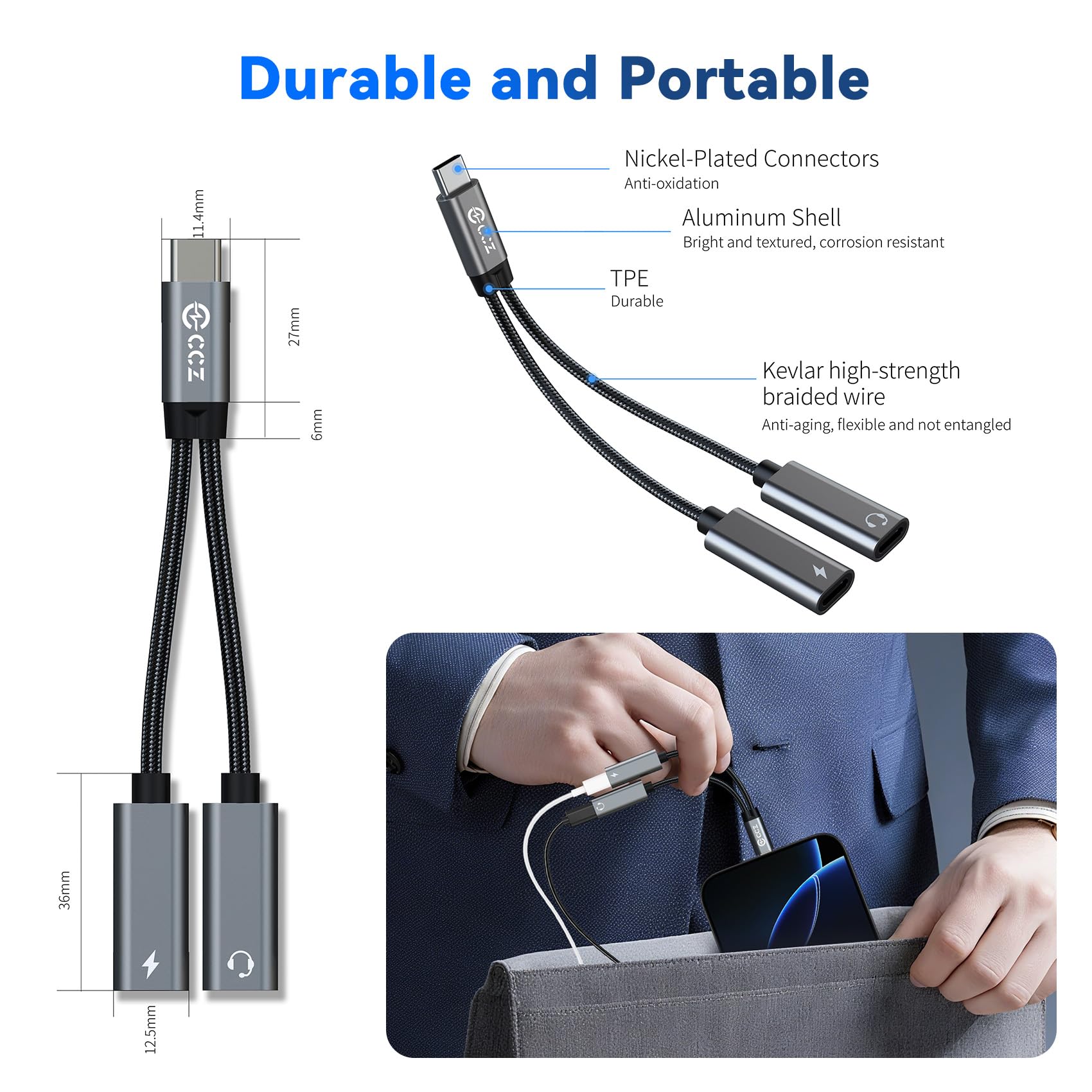 USB C Splitter,1 in 2 Out Dual USB C Type Headphone and Charger Audio Adapter, Type C Headphone Adapter and 60W PD Fast Charging Dongle Cable Compatible with Phone 16/15 Pro Max,USB-USB, 1Pack)