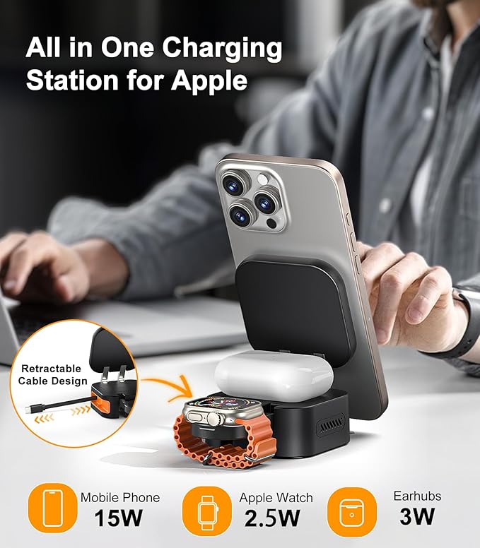 Retractable 3 in 1 Charging Station for Apple, 15W Fast for Magsafe Foldable Magnetic Wireless Charging Stand with Retractable Cable, for Travel, for iPhone 16/15/14/13, Apple Watch, AirPods