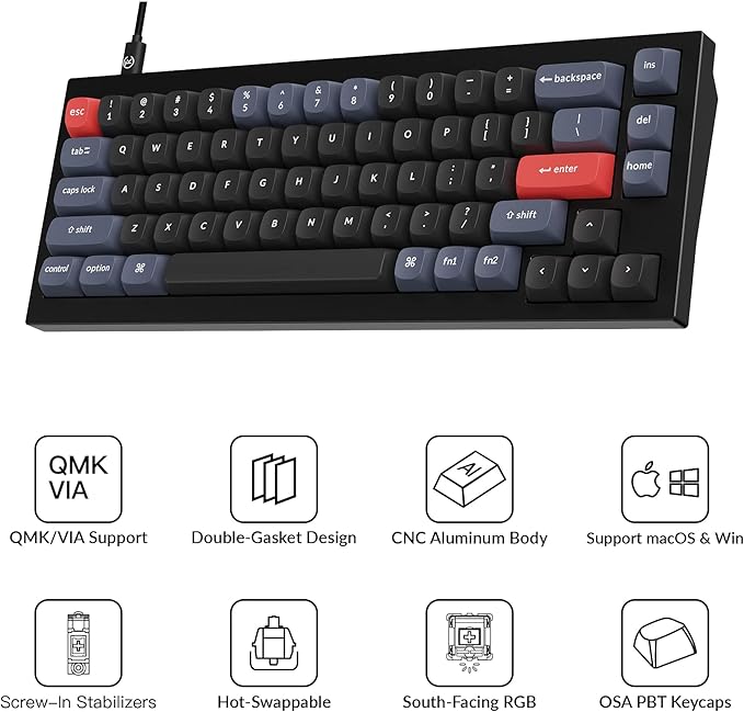 Keychron Q2 Wired Custom Mechanical Keyboard, QMK/VIA Programmable Macro, Full Aluminum, Hot-Swappable Gateron G Pro Blue Switch, 65% Layout Double Gasket Compatible with Mac and Windows - Black