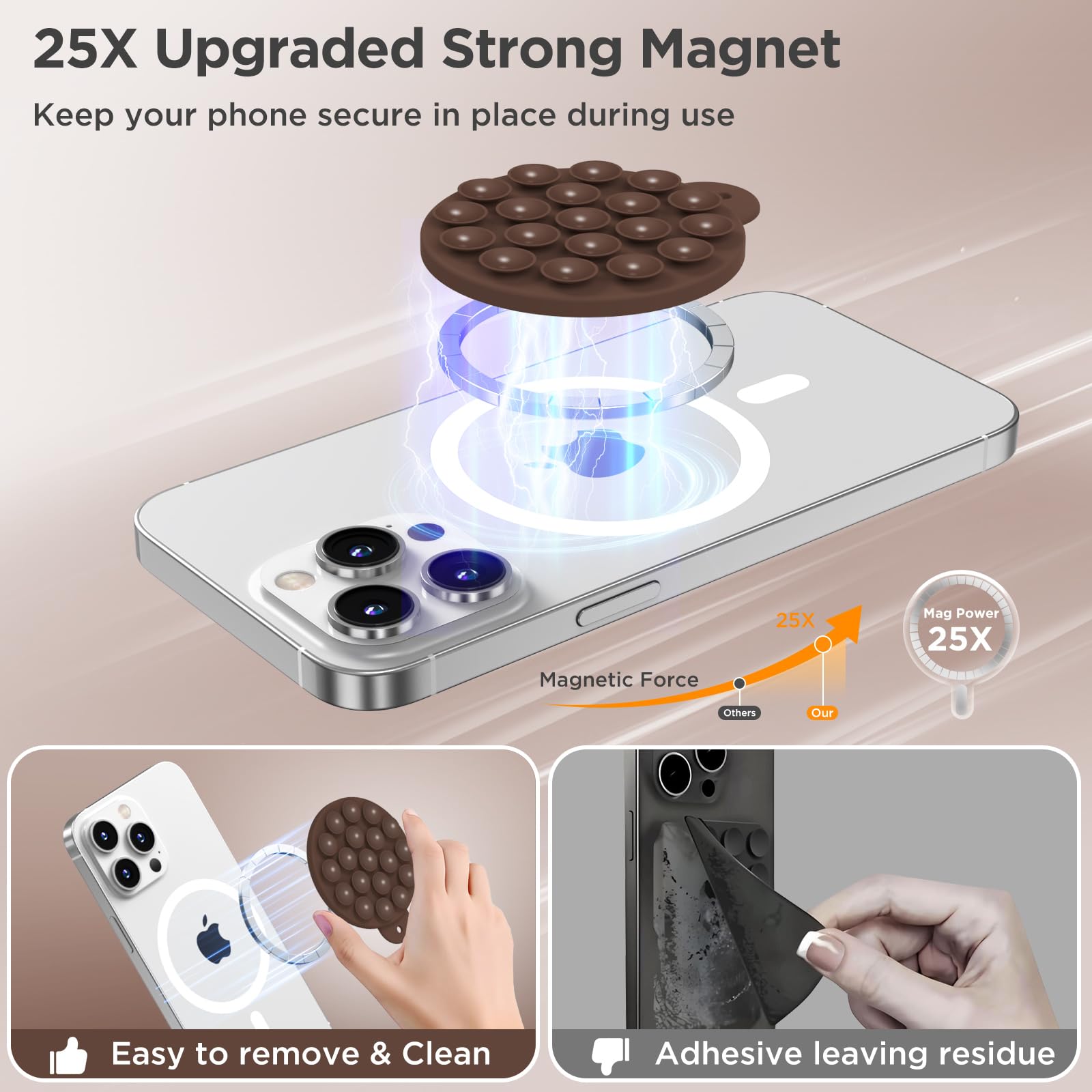 HSAOHD Magnetic Suction Cup Phone Mount with MagSafe, Silicone Hands-Free Grip Holder for iPhone Case and Android, Mirror Shower Phone Stand for Makeup FaceTime Gym Kitchen Bathroom, Chocolate
