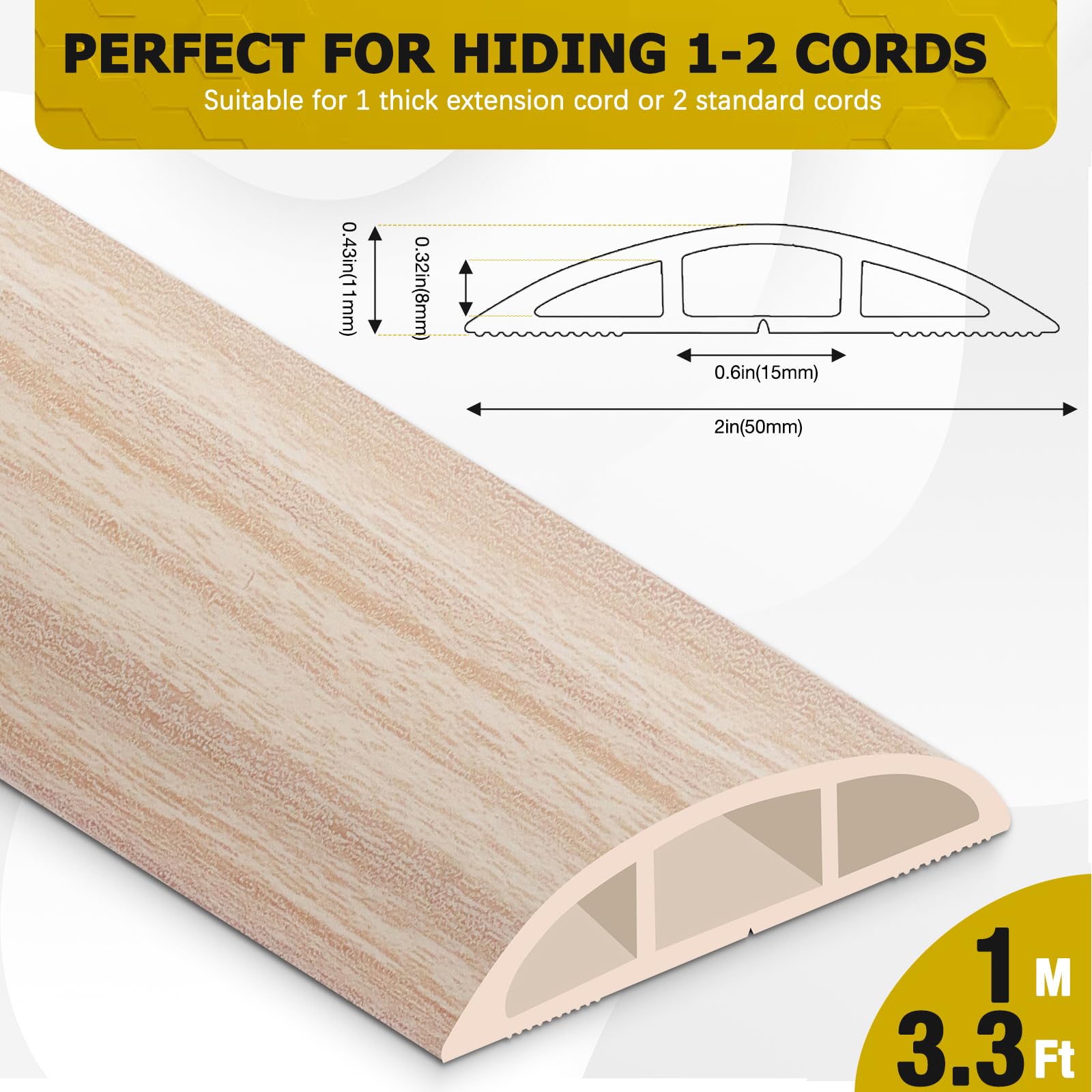 JAHOMFAI Floor Cord Cover 3.3FT Cord Covers for Wires on Floor Protect Wires & Prevent Trip Hazards, Easy to Cut for Home, Office, School, Concerts, Cavity W0.6in x H0.32in