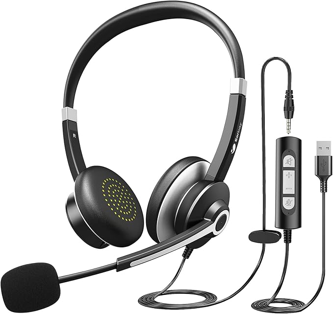 Earbay USB Headset with Microphone for PC, Computer Headset with Microphone Noise Cancelling for Laptop, 3.5mm Jack On-Ear Wired Headphones with Mic, Volume Control for Call Center/Skype/Zoom/Webinar