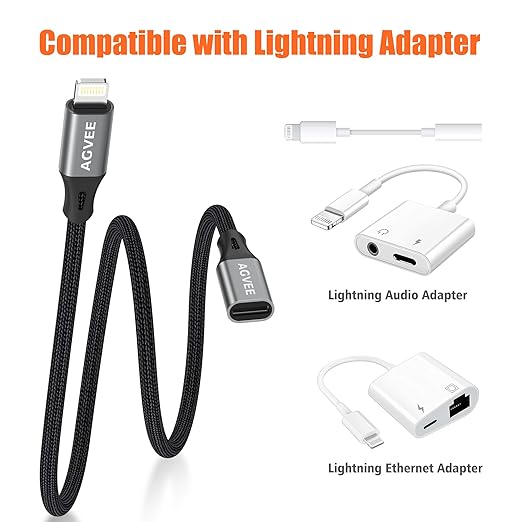 AGVEE 1ft Lightning Extension Cable, Braided Female to Male Extender Full Function Cord Compatible with iPhone iPad, Data Sync Video Audio & Charging Connector Adapter, Dark Gray