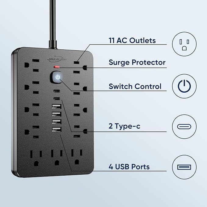 5 FT Flat Plug Surge Protector Power Strip,11 Multiple AC Outlets with 6 USB Ports (2 USB C), 5 Feet Extension Cord, 1250W/10A, One Touch Switch Button, 17 in 1 Compact powerstrip