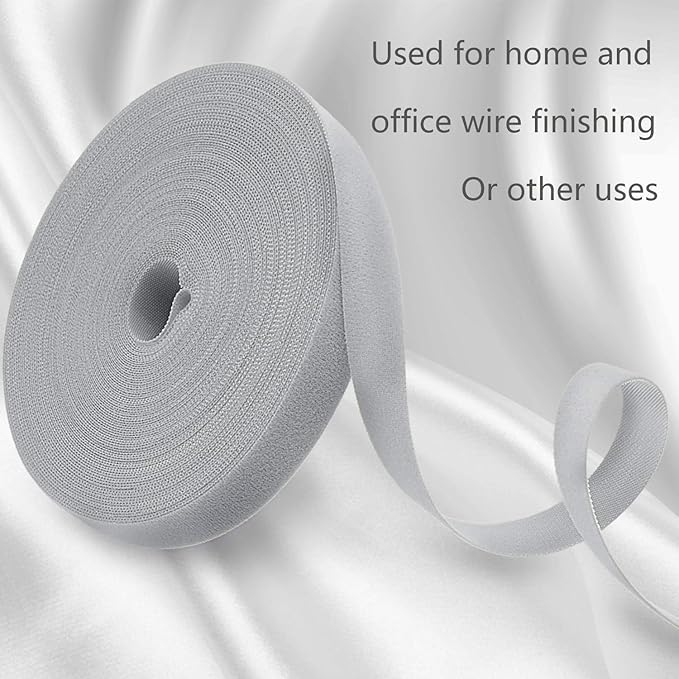 Reusable Fastening Tape Cable Ties 3/4 Inch Double Side Hook Roll (25 Yard, Grey)