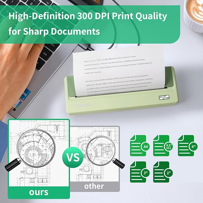 Rongta Inkless Portable Printer for Travel, Wireless Thermal Printer Support 8.5 x 11 inch A4/ US Letter, Bluetooth Compatible with Android/iOS Smartphone for Home Use (Green)