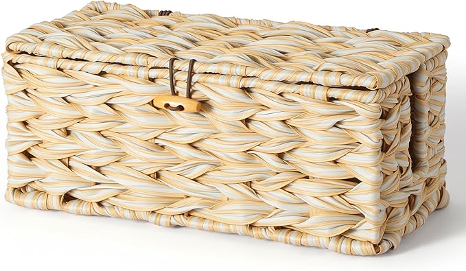 Delamu Handmade Synthetic Rattan Cable Management Box, Flat Weave Desk Organizer with Wire Management, Multi Purpose Cord Hider Box, 12.5" Lx 5.3" Wx 5.3" H, Natural & White